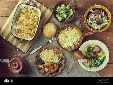 Bavarian Cuisine Traditional Assorted Dishes Top View Stock Photo