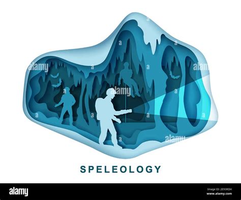 Speleology Spelunker And Bat Silhouettes In Underground Cave Vector