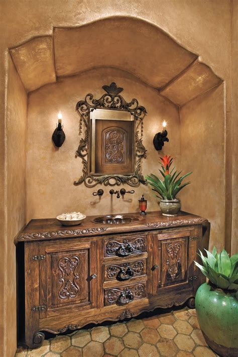 Wood also works well with various colors, bringing a solid and earthy element to the fiery décor. Spanish-Mediterranean Bath - Luxe Interiors + Design in ...
