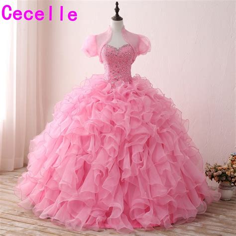 2019 New Pink Ball Gown Princess Long Prom Dresses With Jackets Ruffles