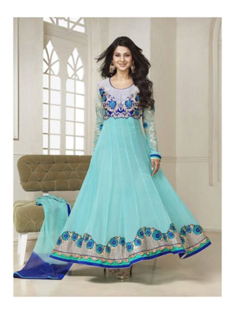 Buy Cyan Embroidered Net Semi Stitched Anarkali Dress With Dupatta Online
