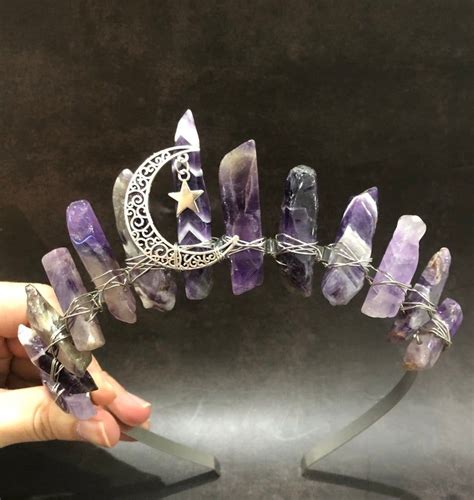 amethyst moon star crystal crown tiara raw celestial wedding etsy crystal crown tiaras tiaras