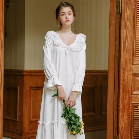 Sexy Slash Lace Up Sleep Wear Night Dress Vintage Nightgown Long Sleeve Nightdress White Cotton