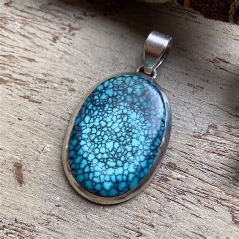 Beautiful Vintage Sterling Silver Spiderweb Turquoise Pendant Woven Earth