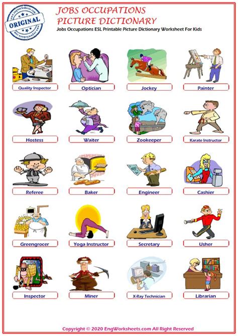 jobs occupations esl printable picture dictionary worksheet  kids