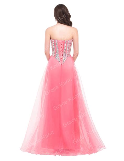 Grace Karin Strapless Floor Length Cheap Long Puffy Beaded Pink Prom