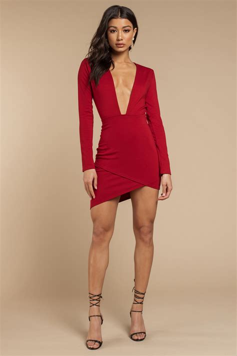 Red Bodycon Dress Red Dress Long Sleeve Dress Red Stretch Dress