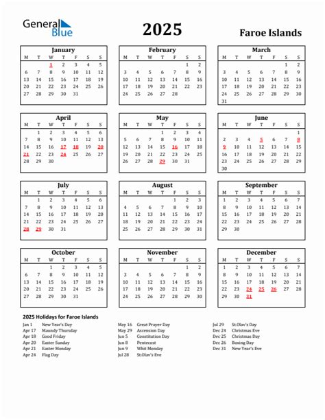 Free Printable 2025 Faroe Islands Holiday Calendar