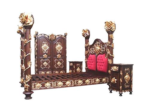 4 Pc Espresso And Gold Rococo Ornate Floral Carved Bed Set W Large Roses