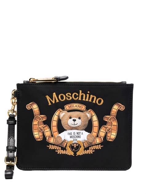 Blackmulticolour Leather Logo Teddy Clutch Bag From Moschino Featuring