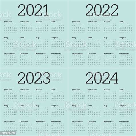 Year 2021 2022 2023 2024 Calendar Vector Design Template Stock