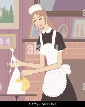 Illustration Of A French Maid Female Cleaner Holding Feather Duster On Shoulder Looking To Front