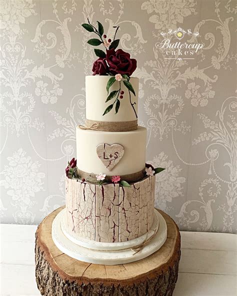 Elegant Rustic Cake With Crackled Wood Effect And Sugar Flowers 2 Tier