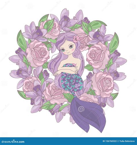 Rose Mermaid Floral Flower Wreath Vector Illustration Set Stock