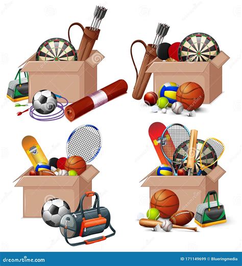Set Of Boxes Full Of Sport Equipments On White Background Stock Vector