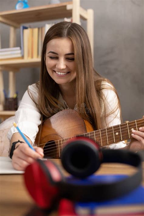 Girl Playing Acoustic Guitar Musician Woman In Studio With Classic