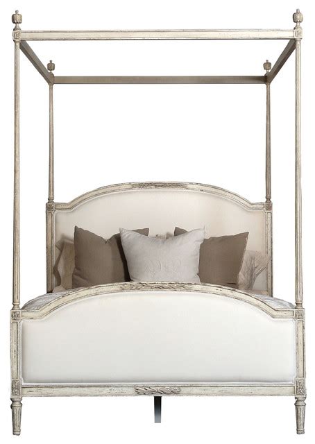 Dauphine French Country Weathered White Linen Upholstered Bed Canopy