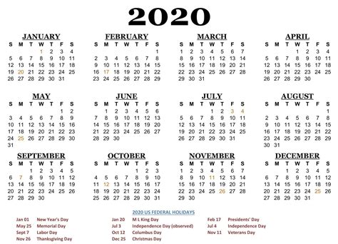 2020 One Page Calendar Printable Download Calendarbuzz Calendar