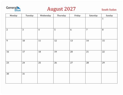 August 2027 South Sudan Monthly Calendar With Holidays