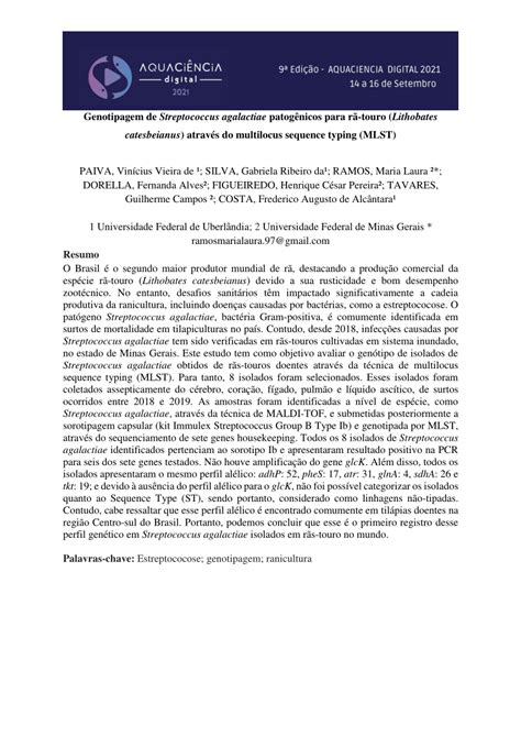 PDF Genotipagem de Streptococcus agalactiae patogênicos para rã touro Lithobates catesbeianus