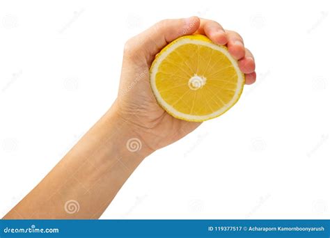Female Hand Squeezing Half Of Lemon On White Background Healthy Stock