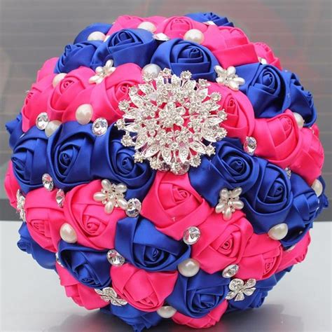 Satin Flowers Royal Blue Hot Pink Bridal Bouquets Shiny Diamond Brooch