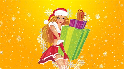 Wallpaper Women Artwork Christmas Santa Hats Presents Blonde