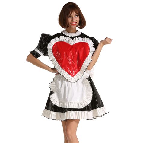 Sissy Maid Big Red Heart Lockable Long Dress Cosplay Costume Crossdress