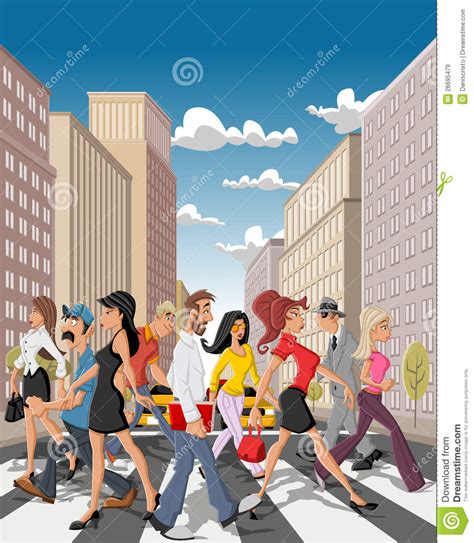 Cartoon Business People Crossing A Downtown Street Royalty