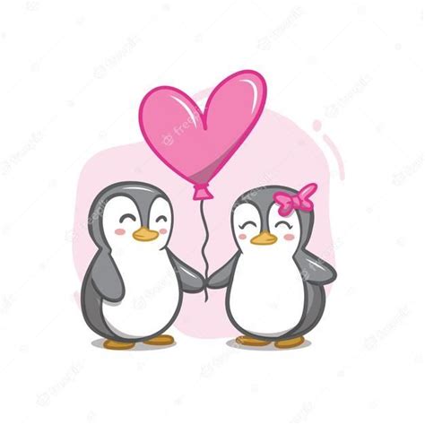 Two Penguins Holding Hands With A Heart Balloon