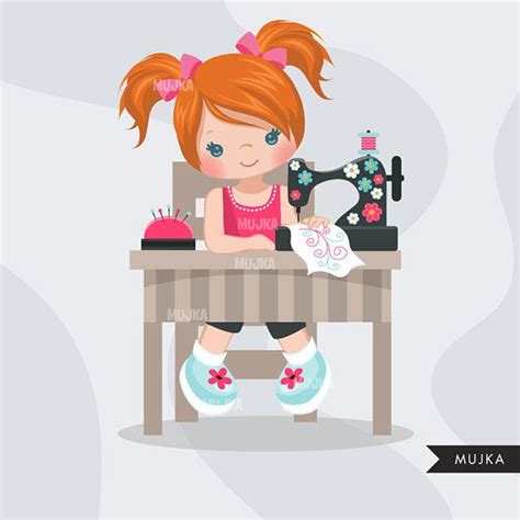 Sewing Girl Crafty Character Clipart Graphics Digitizer Planner