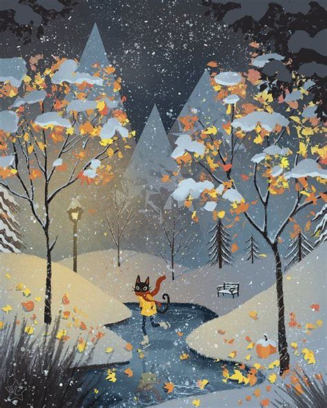 Cat Ice Skating In The Snow Art Print Etsy Snow Art Whimsical