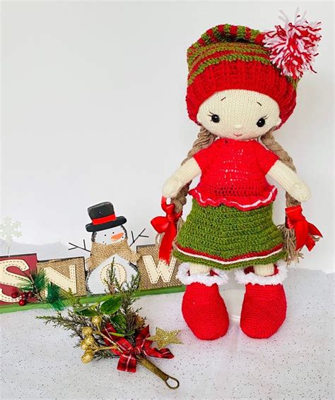 Knitted Doll In Christmas Outfit Etsy Uk Knitted Dolls Christmas