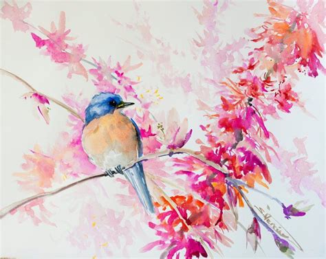 Bluebird And Cherry Blossom 2020 Watercolour By Suren Nersisyan