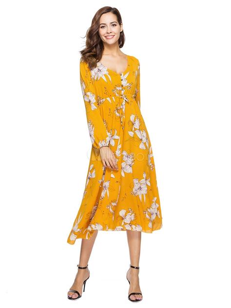 Women Maxi Dress Floral Yellow Boho V Neck Long Sleeve Chiffon Dresses Long Sleeve Chiffon