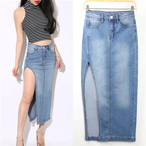 Womens Long Denim Pencil Side Slits Skirts Jeans Sexy Maxi Skirt For Women Saia Falda Larga