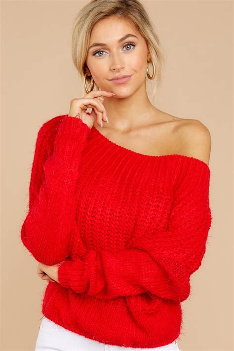 Vibrant Red Off The Shoulder Sweater Chunky Knit Sweater Top 42