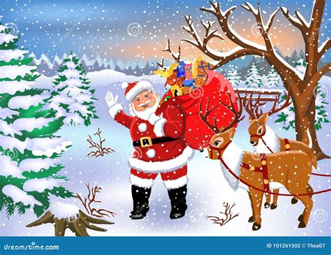 Santa Claus Bringing Toys To Children In His Sack Stock Vector