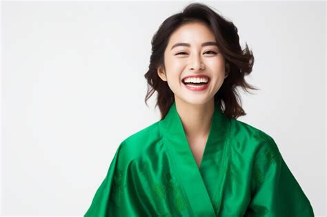 Premium Photo Asian Woman Laughing Happily Wearing Green Kimono