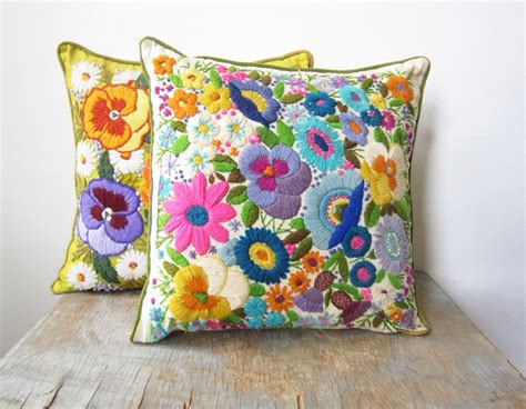 Sale Vintage Crewel Embroidery Pillow Bright Floral