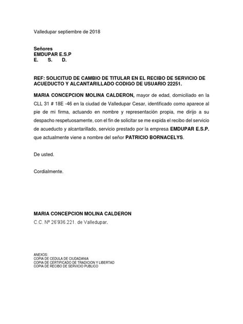 Carta Solicitud Cambio De Titular De Recibo De Servicio Publicodocx