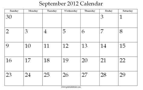 September 2012 Printable Calendar Printable Hub