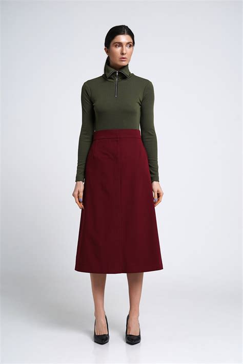 High Waisted Midi Skirt Burgundy A Line Skirts For Women Etsy Uk