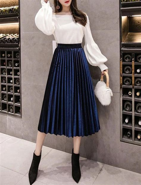 Click On The Photo To Shop This Beautiful Skirt New Navy Blue Pleated Metallic Velvet Women