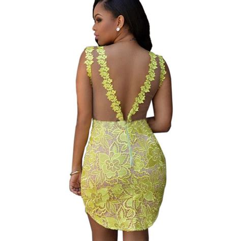 Yellow Plunging V Neck Crochet Lace Sexy Bodycon Dress 15 Liked On
