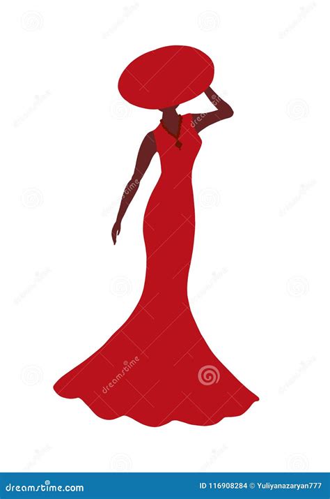 Silhouette Of A Beautiful Lady In A Red Long Dress And Summer Ha Stock