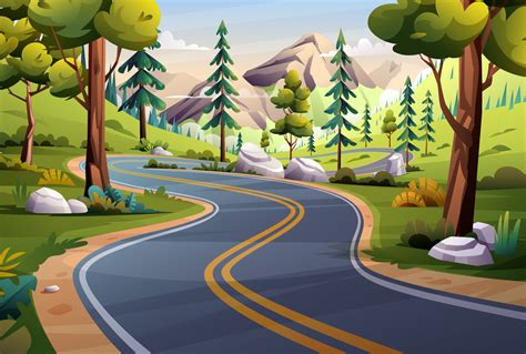 Mountain Road Landscape Illustration Nature Highway Through Trees And