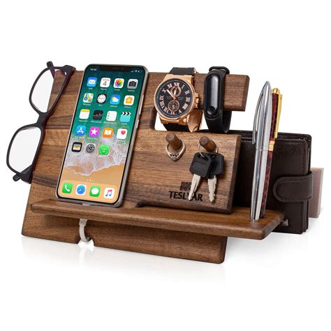 Natural Walnut Wood Phone Docking Station Key Hooks Holder Wallet Stand