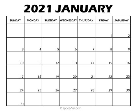 Blank January 2021 Calendar Printable Latest Calendar Printable Templates