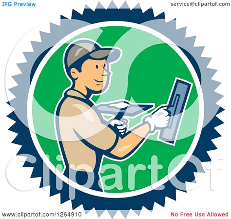 Clipart Of A Cartoon White Male Plasterer In A Blue White